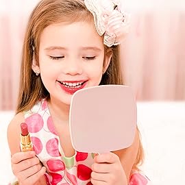 YEAKE Hand Held Mirror with Handle for Makeup,Small Cute Wood Hand Mirror for Shaving with Hole Hanging Single-Sided Portable Travel Vanity Mirror for Men&Women(Square,Pink,1Pack)