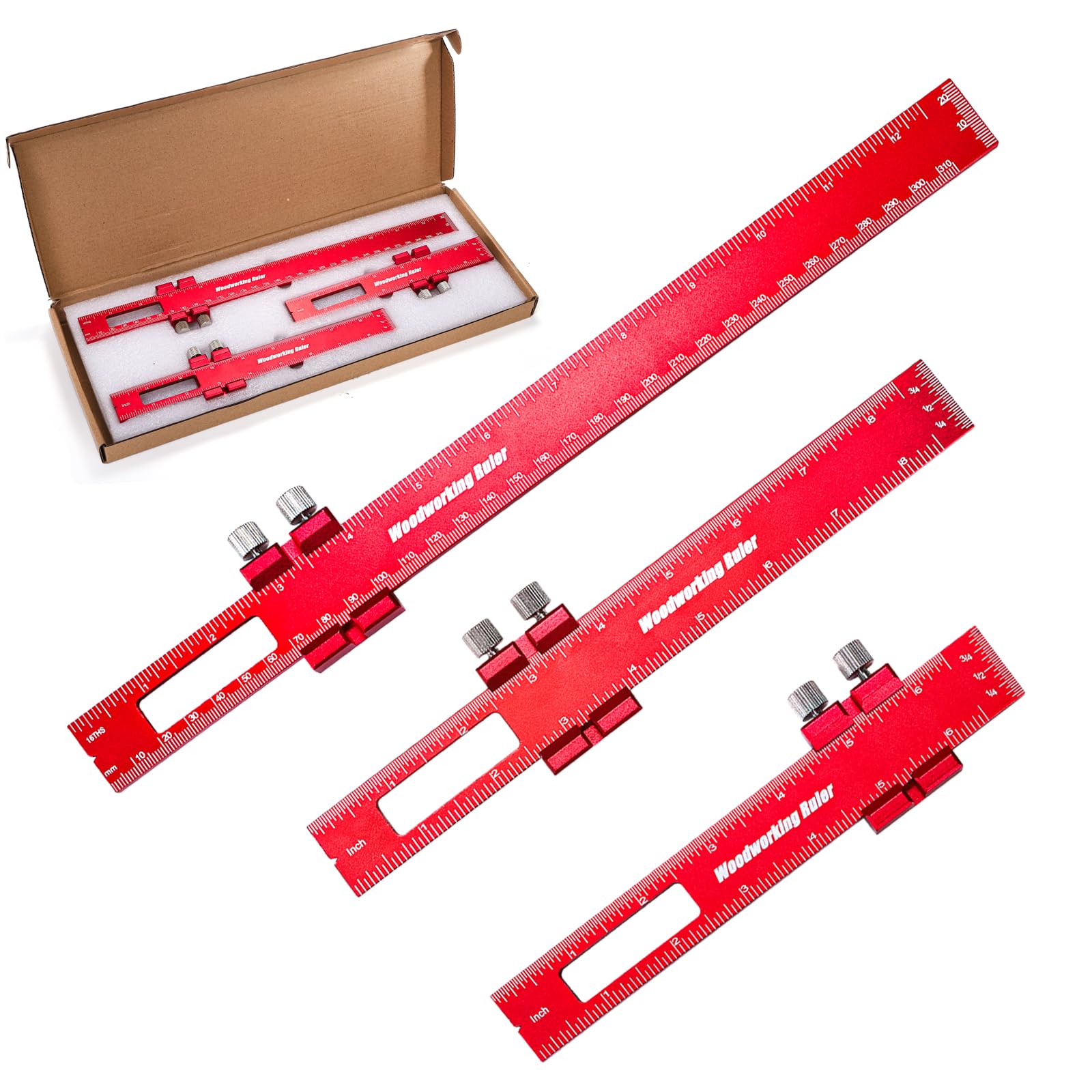 WRINGKIT Juego de 3 reglas de carpintería, regla de bolsillo de metal precisa de 6/8/12 pulgadas, regla de escritura tipo T con topes, regla deslizante ajustable para carpinteros, ingenieros, marcas