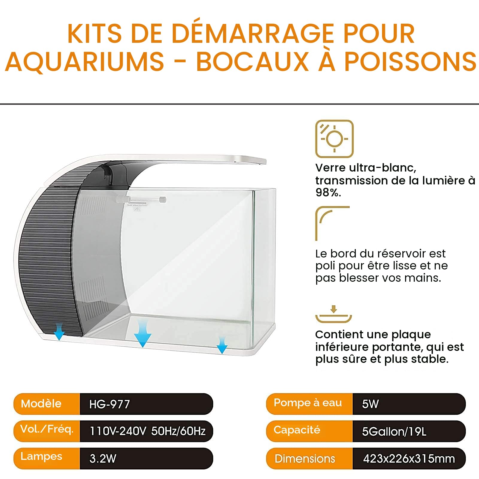 hygger Aquarium 19 litres, Petit Aquarium avec 3.2W Lampe LED, 5W Pompe à Eau, Boîtier de Filtration Caché, Sortie Bouche Canard, Couvercle en Verre