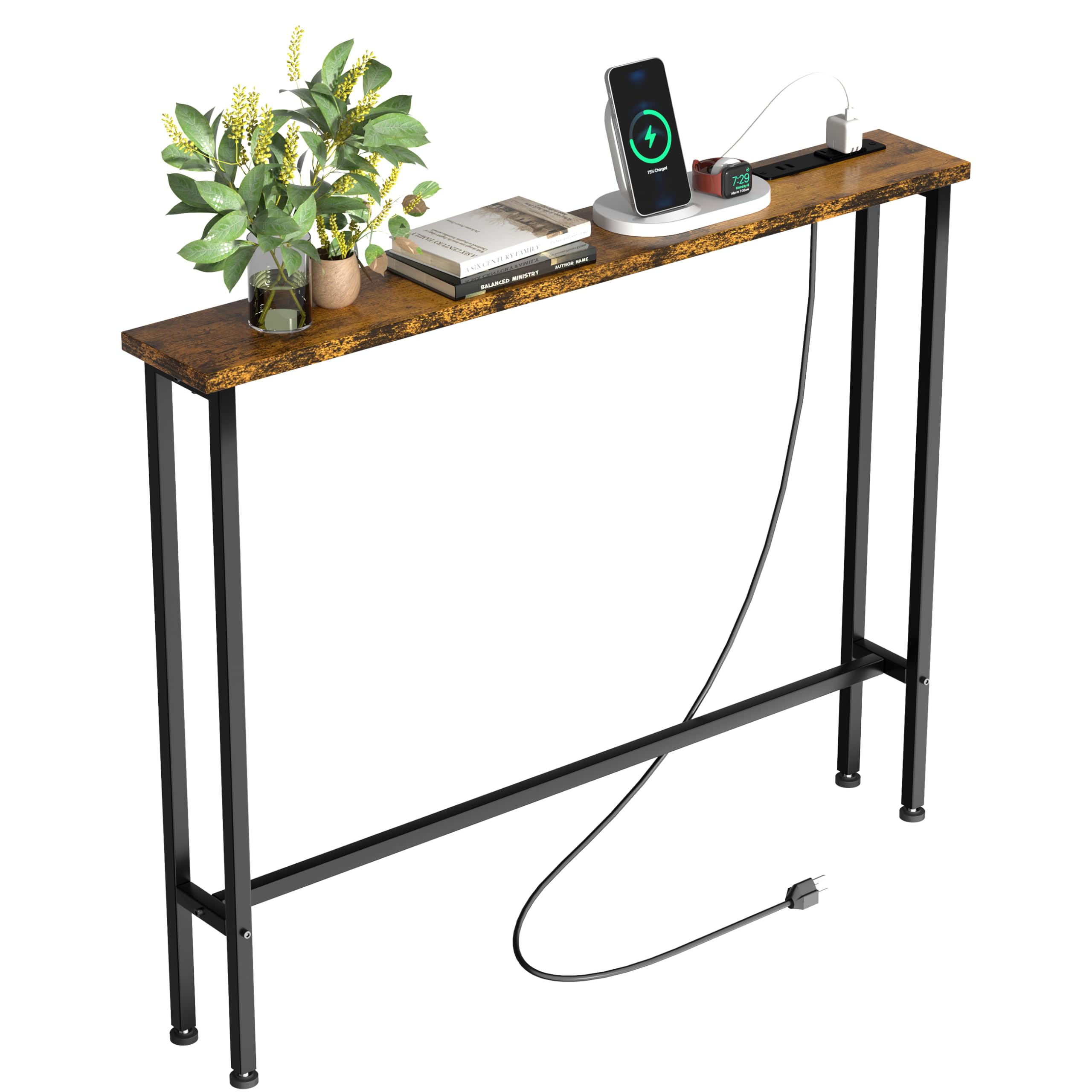 keelian 39" sofa table narrow long with power outlets & 2 usb ports, metal frame behind couch table behind sofa perfect for hallway, living room, entrance easy assembly, 4.9' extension cord included
