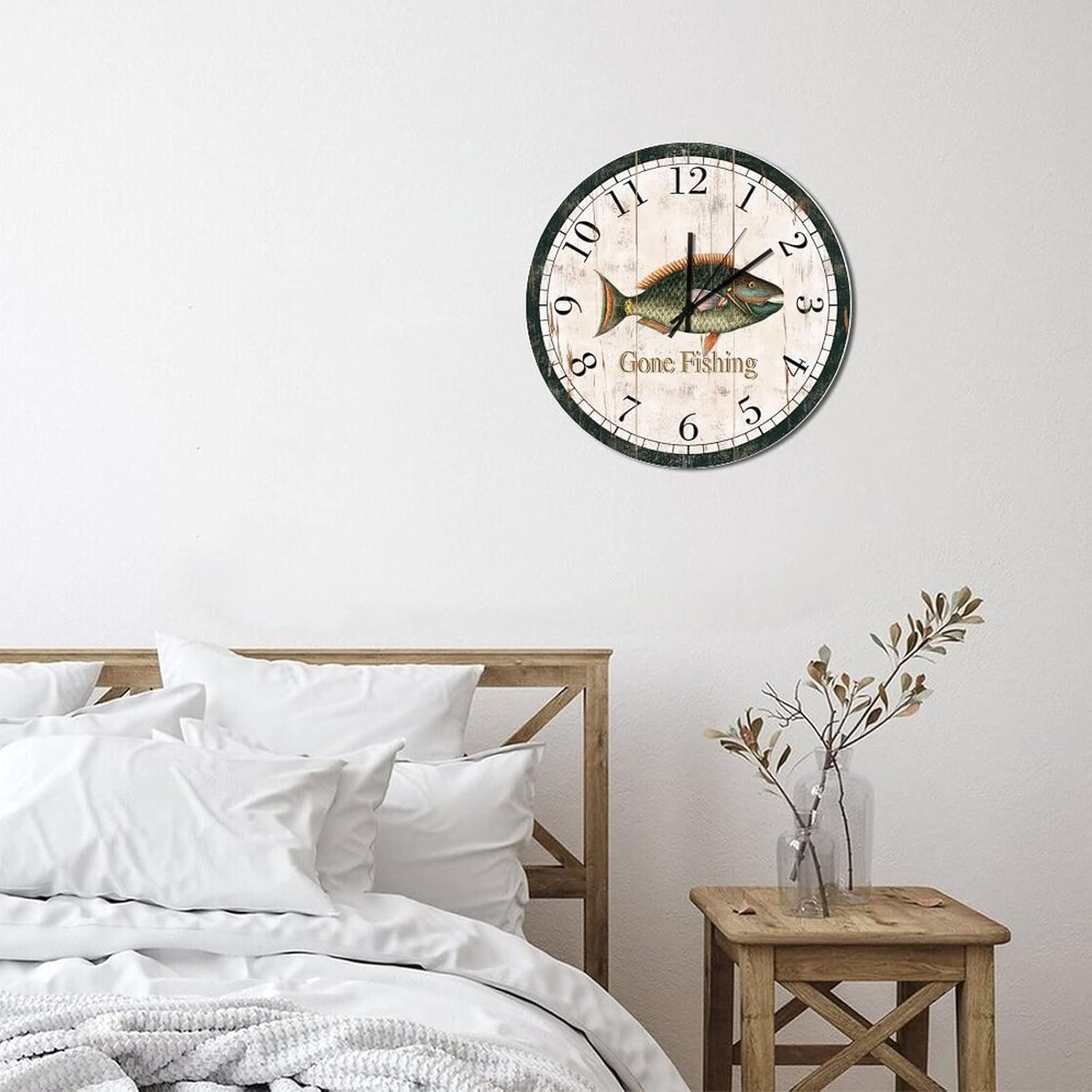 Round Wooden Wall Clock 12x12 Inch,Home Decor Wood Wall Clock,Retro Cute Fish Arabic Numerals Clock Gone Fishing Retro Silent Non-Ticking Battery Operated Wood Clock Wall Art Birthday Gifts
