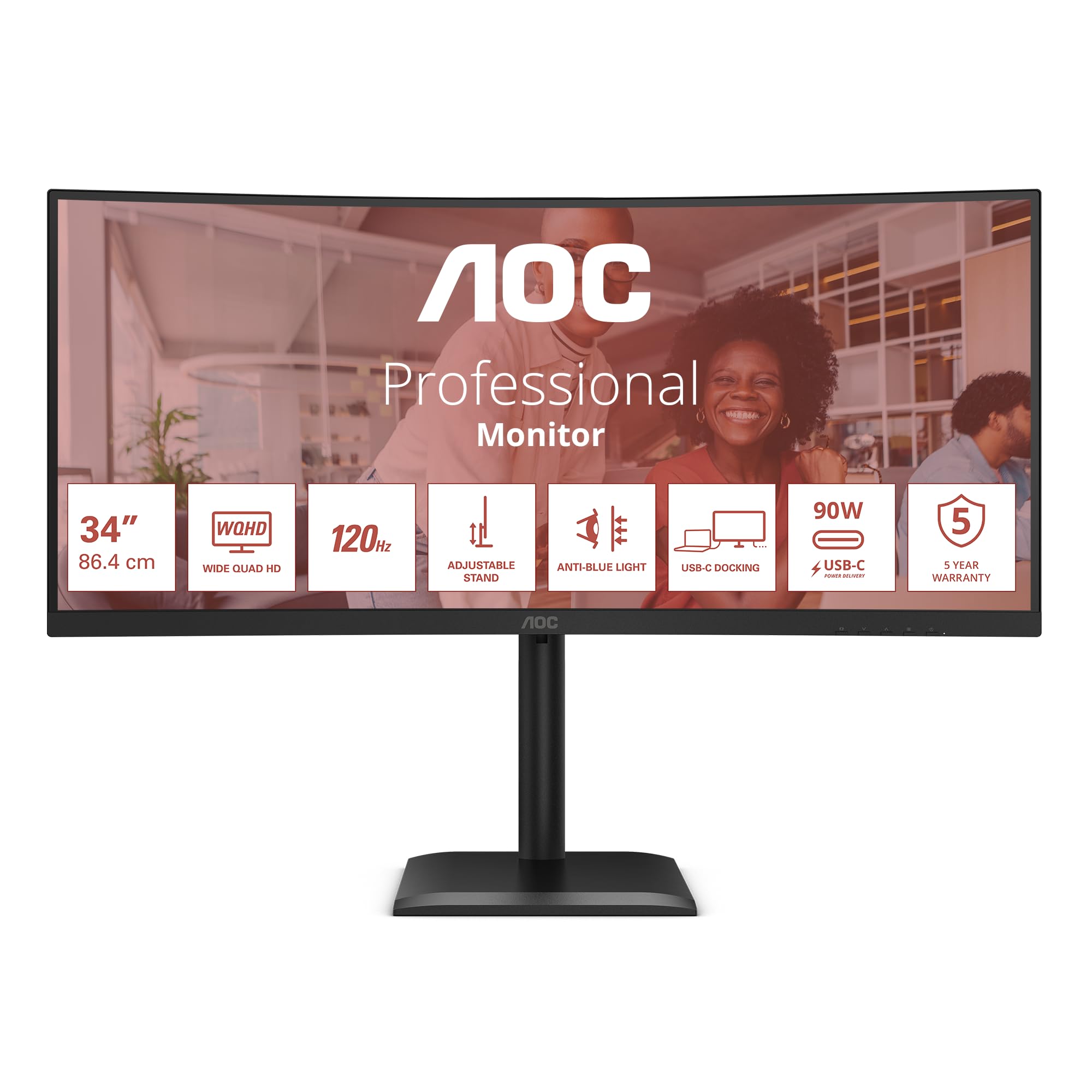 AOC CU34E4CV da 34 pollici WQHD Monitor, 120 Hz, VA, MPRT 4 ms, sincronizzazione adattiva, HDR Ready/HDR10, regolazione dell'altezza, altoparlante, (3440 x 1440, HDMI 2x 2.0, DP 1x 1.4 Hub USB) Nero