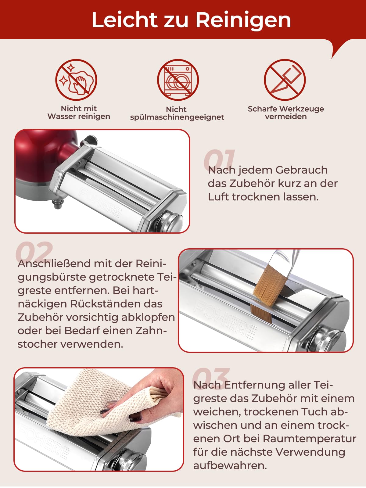 FOHERE Nudelaufsatz Nudelblattroller für KitchenAid Küchenmaschine, Pasta Maker Zubehör Mit Nudelblattroller und Reinigungsbürste (7 Einstellbare Dicken)