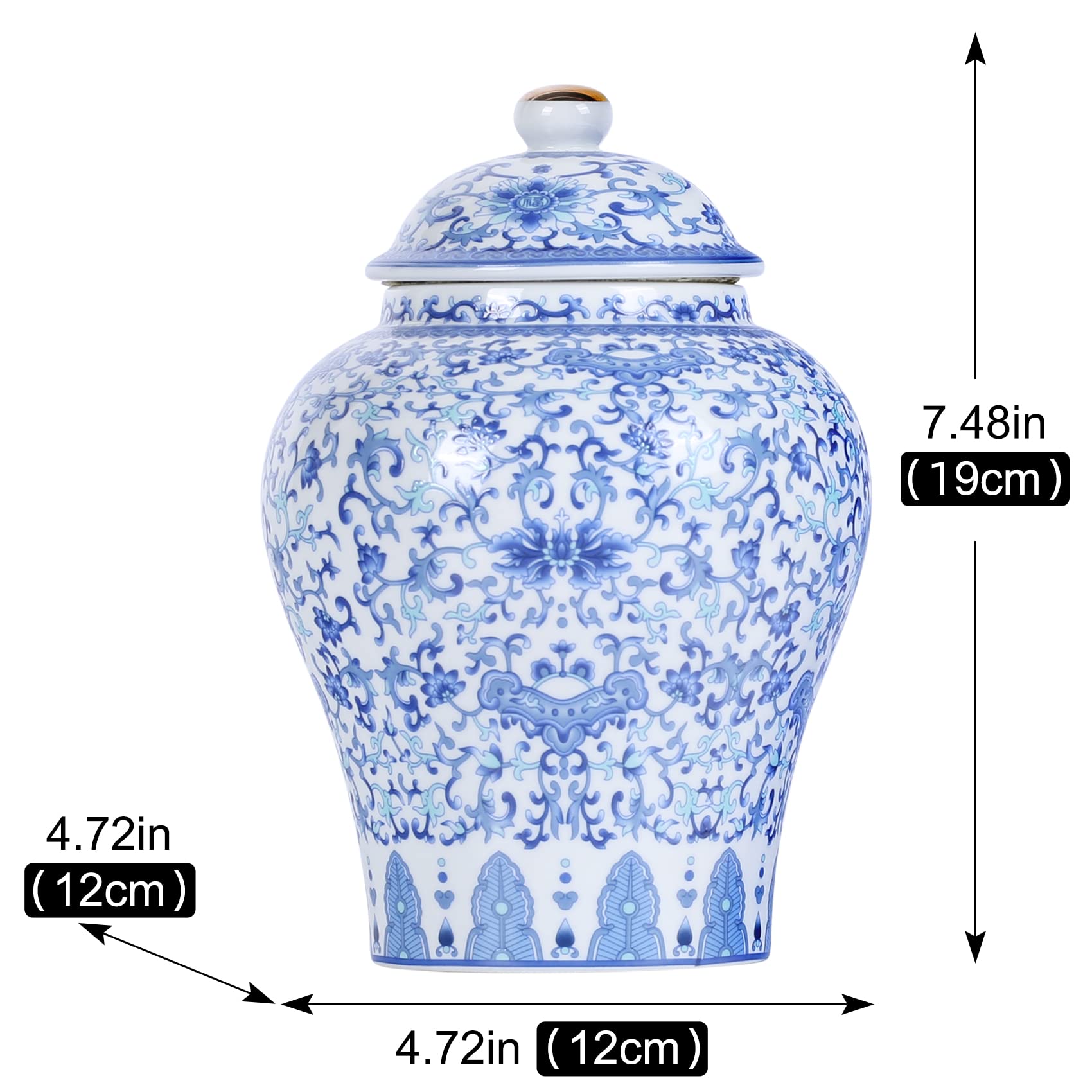 Tarro chino de jengibre con tapa, estilo Ming-Qing, decoración de flores azules y blancas, jarrón cerámico