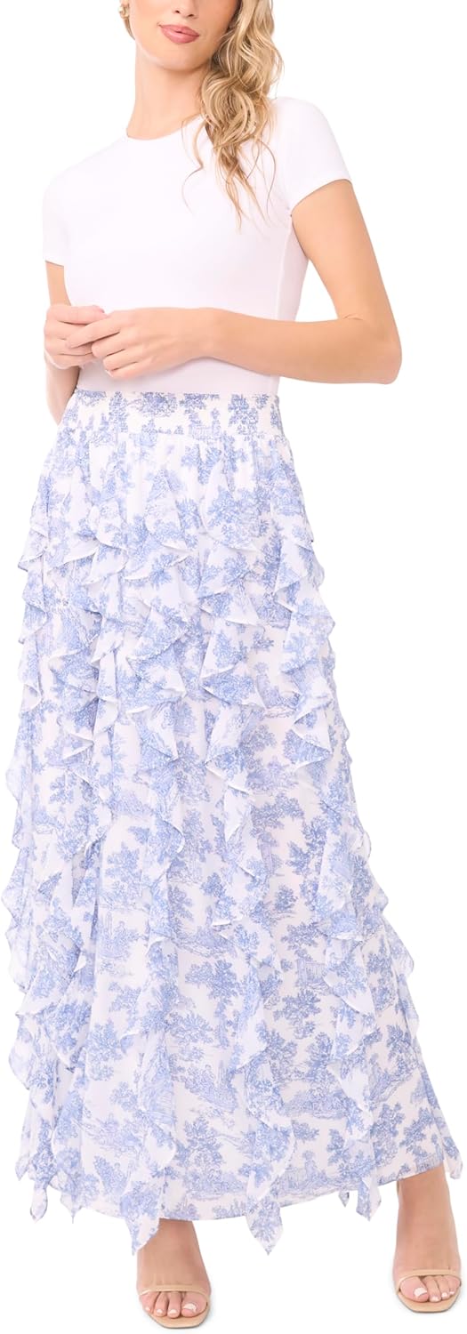 1.State Women's Smocked Waist Ruffled Corkscrew Maxi Skirt