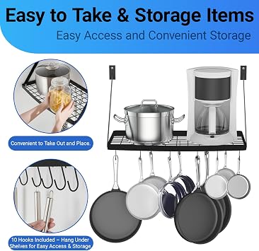 Miyili 24-Inch Kitchen Pot Rack, Matte Black Hanging Rack for Kitchen Storage Organization, Wall Mounted Cookware Hanger Shelves with 10 Hooks