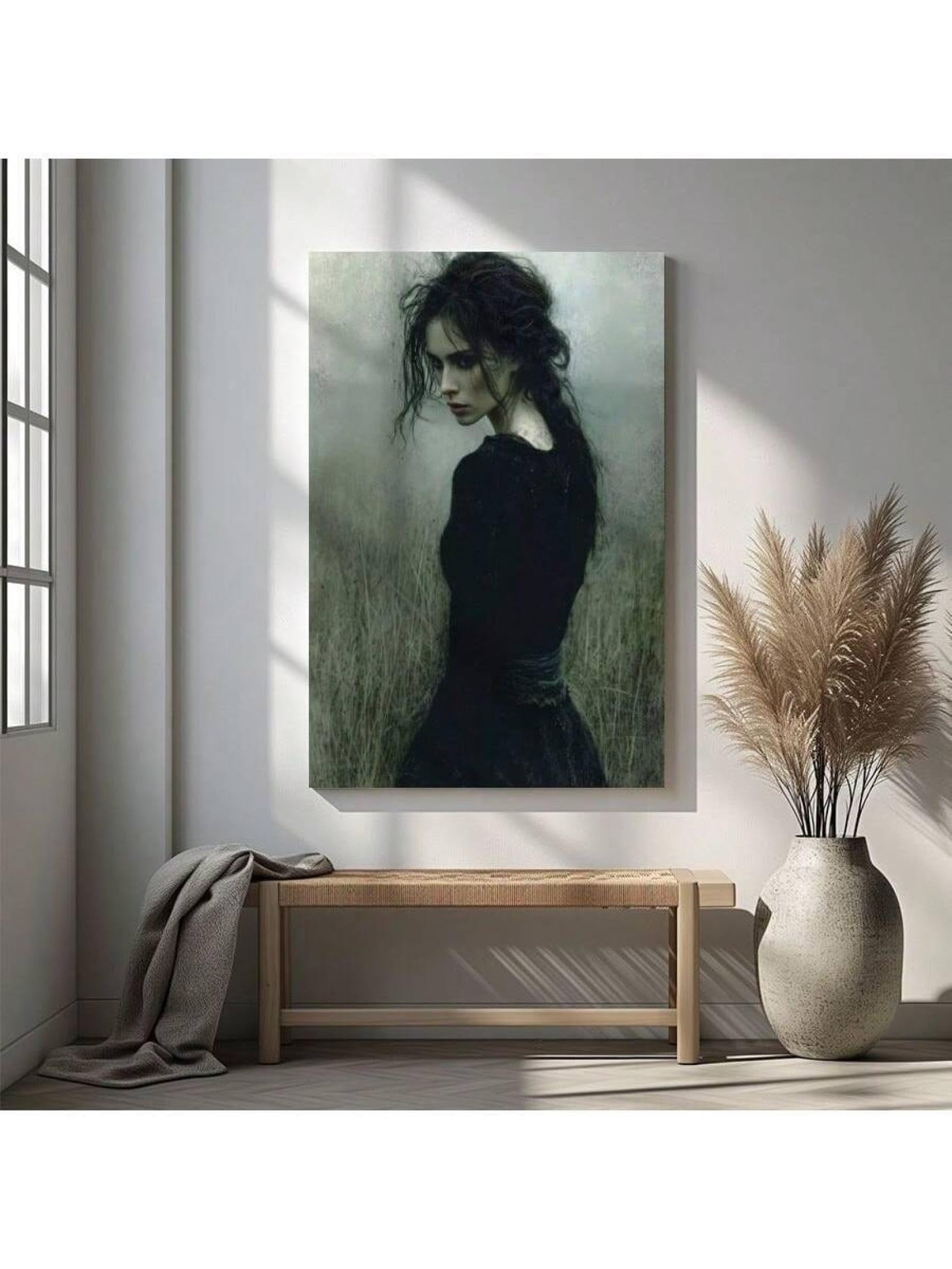 lianyibo Obraz na płótnie Kobieta Retro Czarny Patrząc na pustynię Gothic Wall Art Art Art Wall Decor do sypialni, 60 x 90 cm, bez ramki