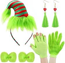 Patelai 5 Pcs Lime Green Christmas Costumes for Women Green Monster Santa Costume Accessory Furry Christmas Elf Headbands Gloves Hair Bow Earrings for Adult Outfit Xmas Cosplay Party