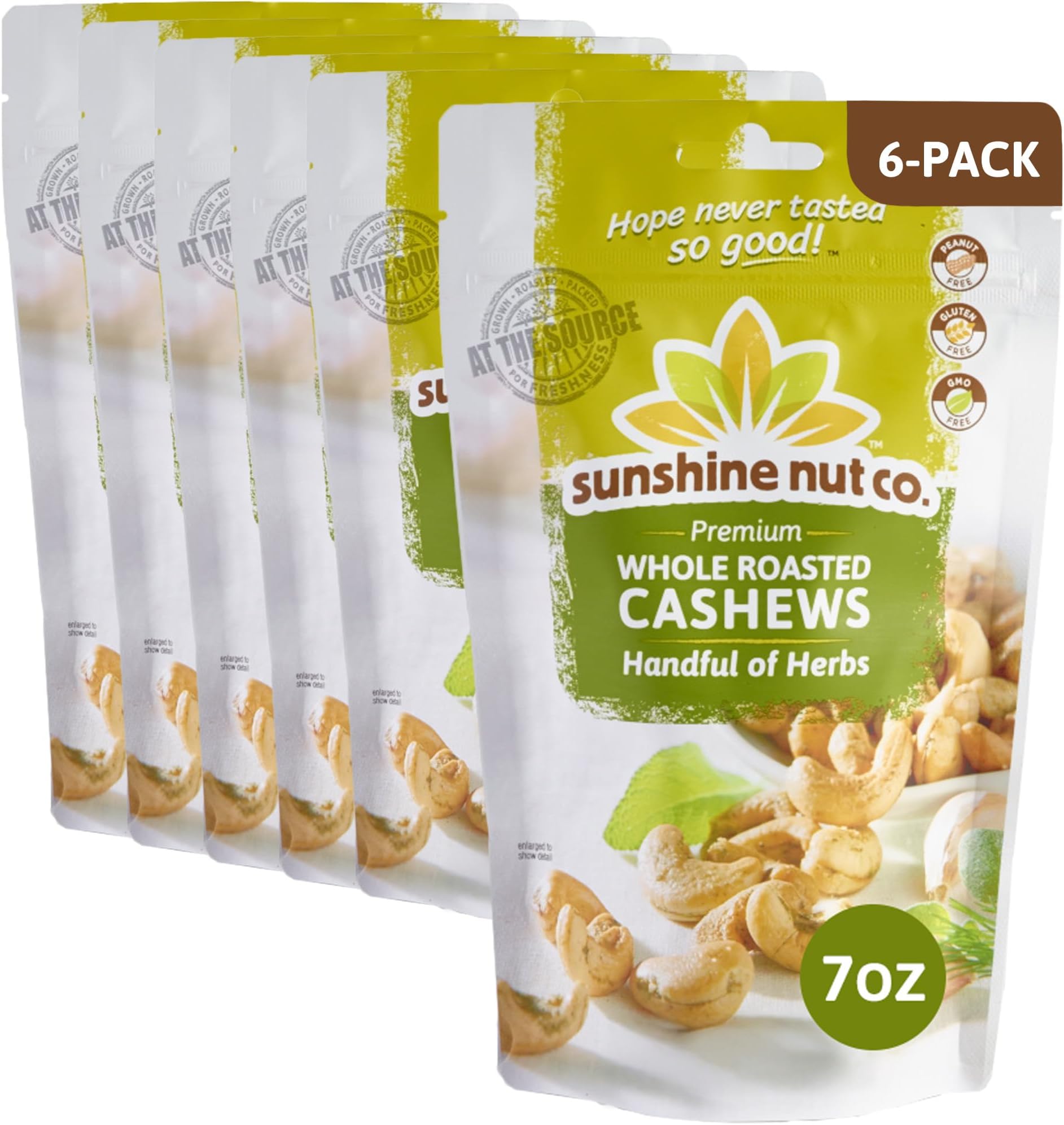 Whole Roasted Lightly Salted Cashews, Handful of Herbs Flavor, 6 Pack, 7 oz. Each, Gluten Free, Peanut Free and Vegan Individual Snack Packs for Kids and Adults, GMO Free