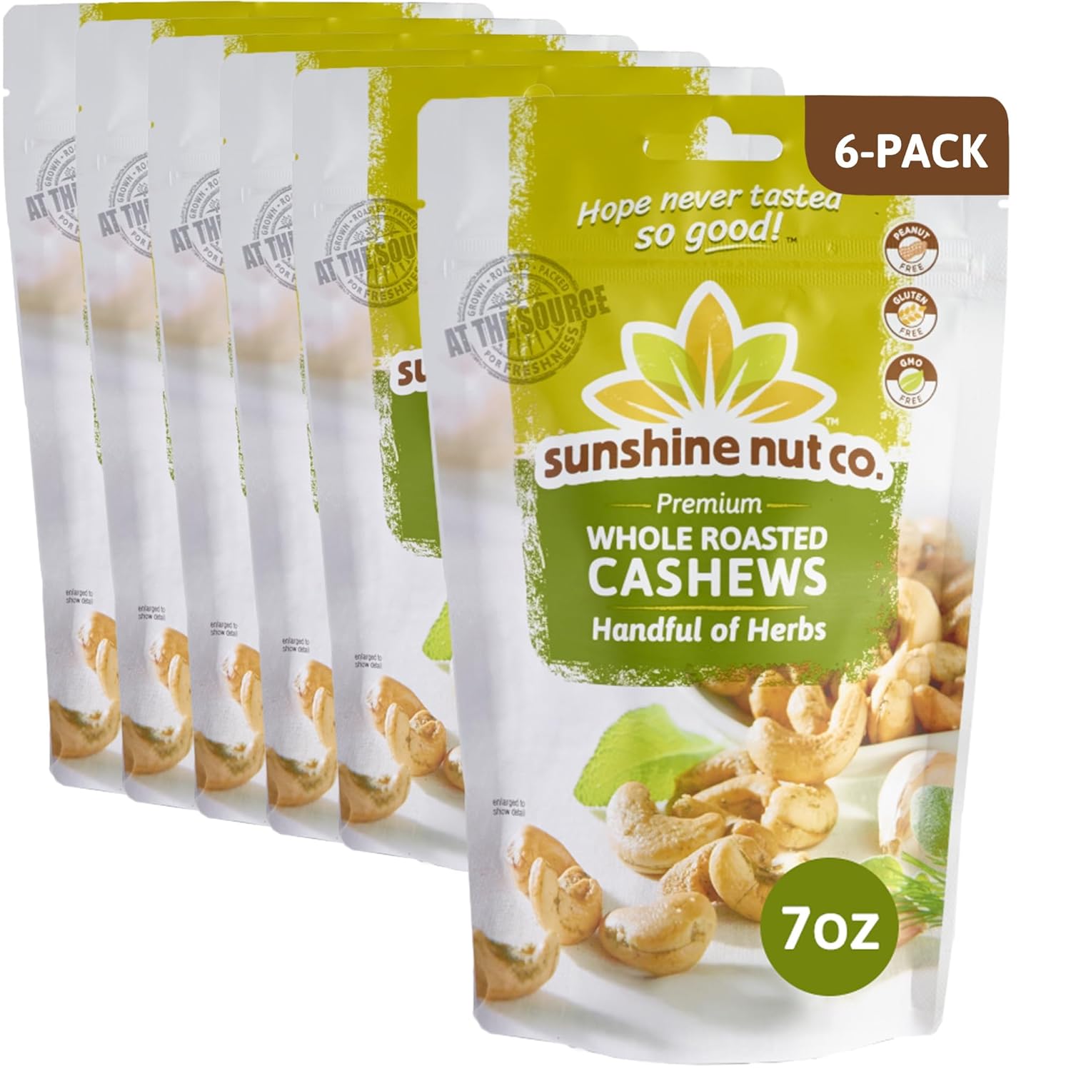Sunshine Nut Company Whole Roasted Lightly Salted Cashews, Handful of Herbs Flavor, 6 Pack, 7 oz. Each, Gluten Free, Peanut Free and Vegan Individual Snack Packs for Kids and Adults, GMO Free
