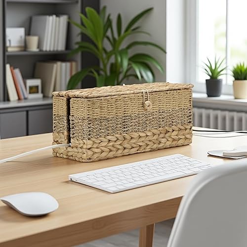 Miniatura 6 de 2 cajas organizadoras de cables hechas a mano de mimbre de mimbre para administración de cables, adaptador de regletas de corriente, router,