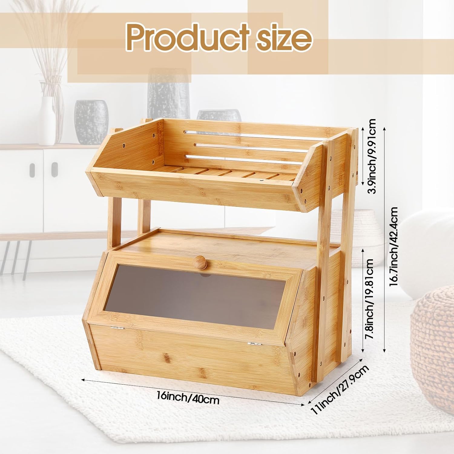 Sawysine 2 Tier Bamboo Bread Box Fruit Basket for Kitchen Countertop Large Capacity Farmhouse Bread Box with Window Fruit Stand Holder Vegetable Container Storage Bin Pantry Shelf for Snack Veggies