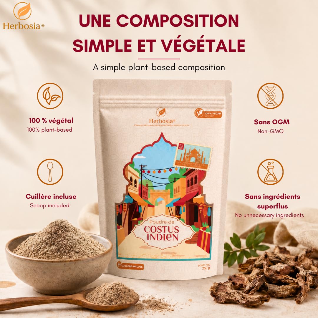 Poudre de Costus Indien 250 g – Racine en Poudre – 100% Végan Sans OGM – Texture Fine & Arôme Intense – Sachet Refermable + Cuillère Doseuse