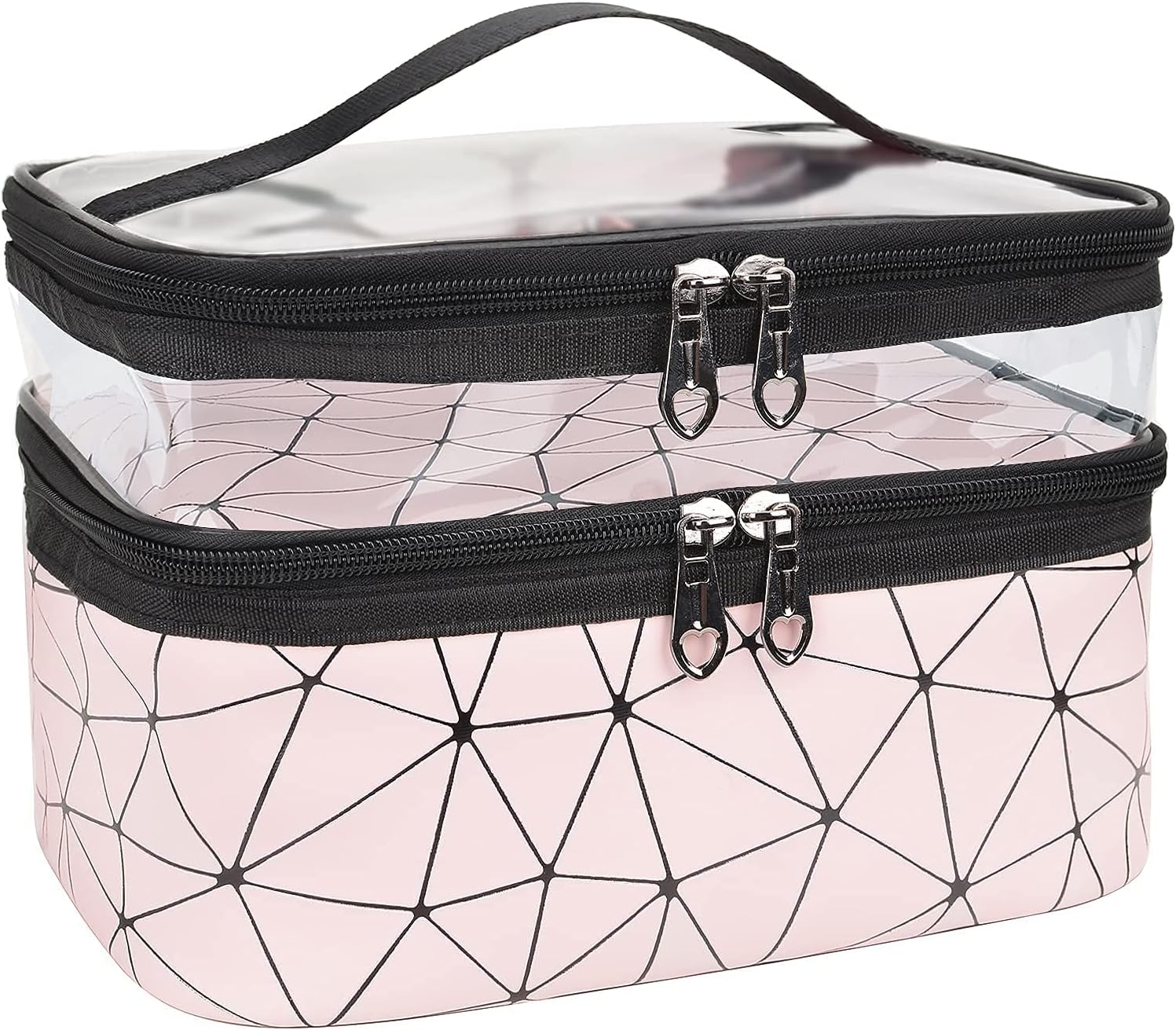 FLYNGO Pvc Double Layer Cosmetic Bag Organizer Makeup Pouch For Women Travel Cosmetics Case Toiletry Bags For Girls (Pink Diamond)