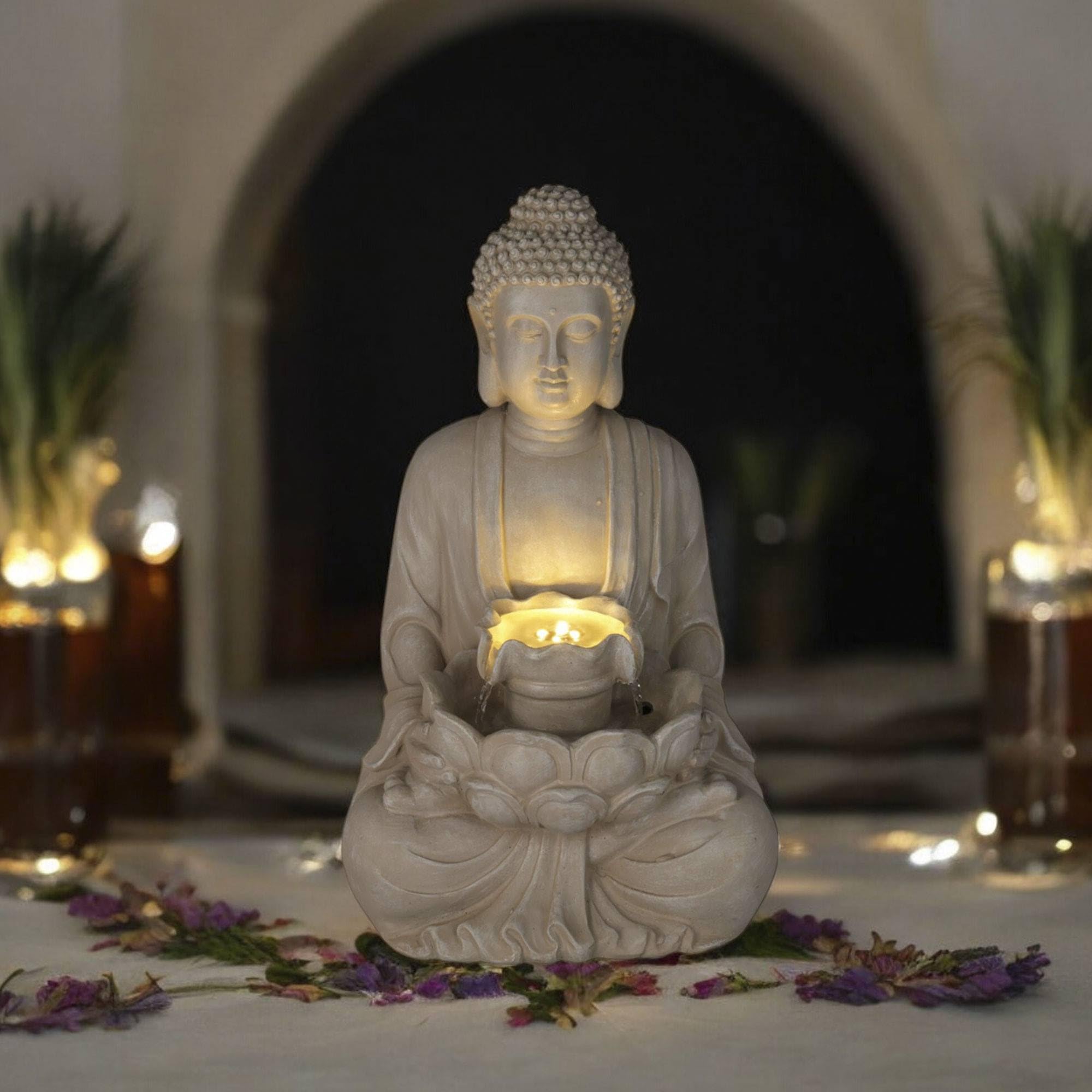 Well Home Fontaine Bouddha Couleur Sable avec lumières LED pour Espace extérieur 28,5 x 24,5 x 48 cm