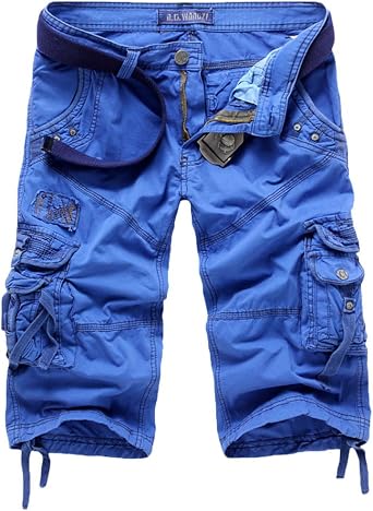 Elonglin Mens Cargo Shorts Cotton Bermuda Shorts Cropped Solid Color NO BELT