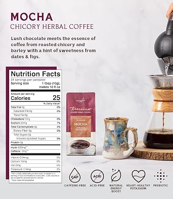 Teeccino Chicory Coffee Alternative Mocha Ground Herbal Coffee Thats Prebiotic, Caffeine-Free & Acid Free, Medium Roast, 11 Ounce (Pack of 2)