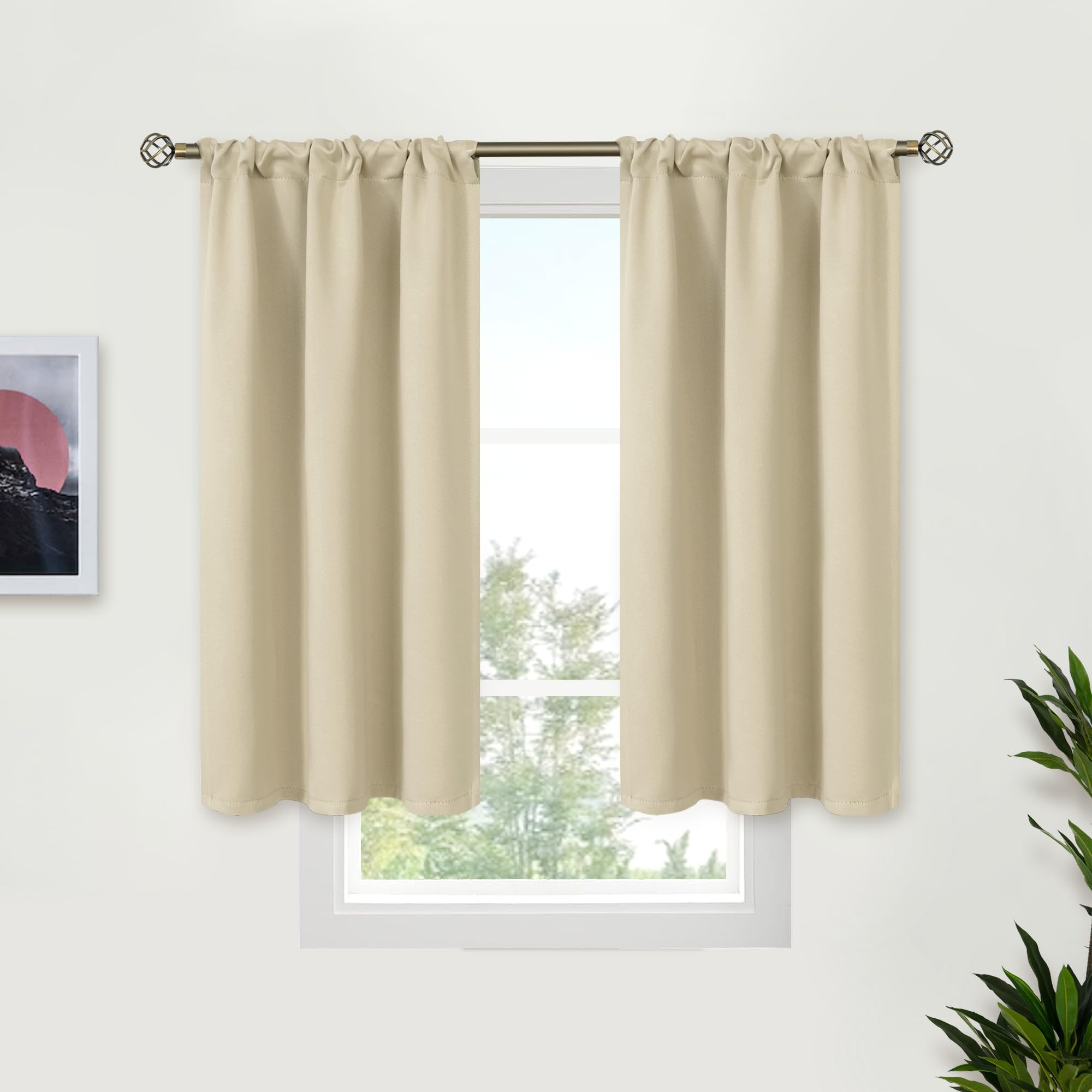BGment Beige Blackout Curtains for Kitchen Cafe Window 34 x 40 Inch Long - Short Length Drapes with Rod Pocket Half Window Darkening Blinds for Bathroom Rv Bedroom, 2 Panels โ image 1
