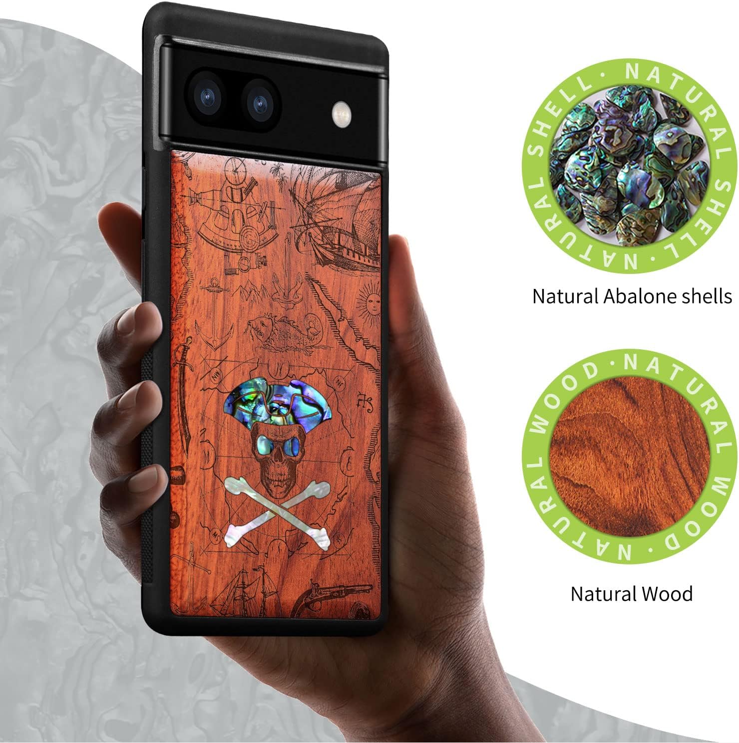 Carveit Designer Wooden Case for Google Pixel 6a Case Protective Cover [Wood Engraving & Shell Inlay] Unique Wood Phone Case Compatible with Pixel 6a (Pirate Skull-Rosy)