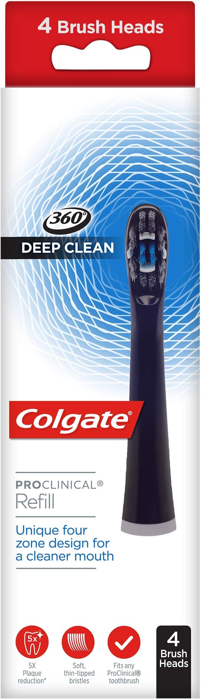 Colgate 360 Deep Clean Proclinical Refill Toothbrush Heads, Soft Bristle Heads for Plaque Removal, Pack of 4