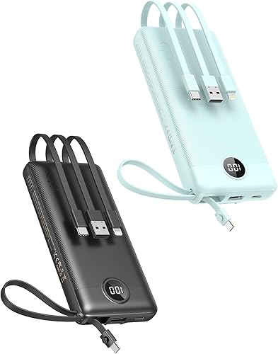 VEEKTOMX Cargador Portátil Cables Integrados 10000mAh Negro + Banco de Energía con Cables Integrados 20000mAh Azul