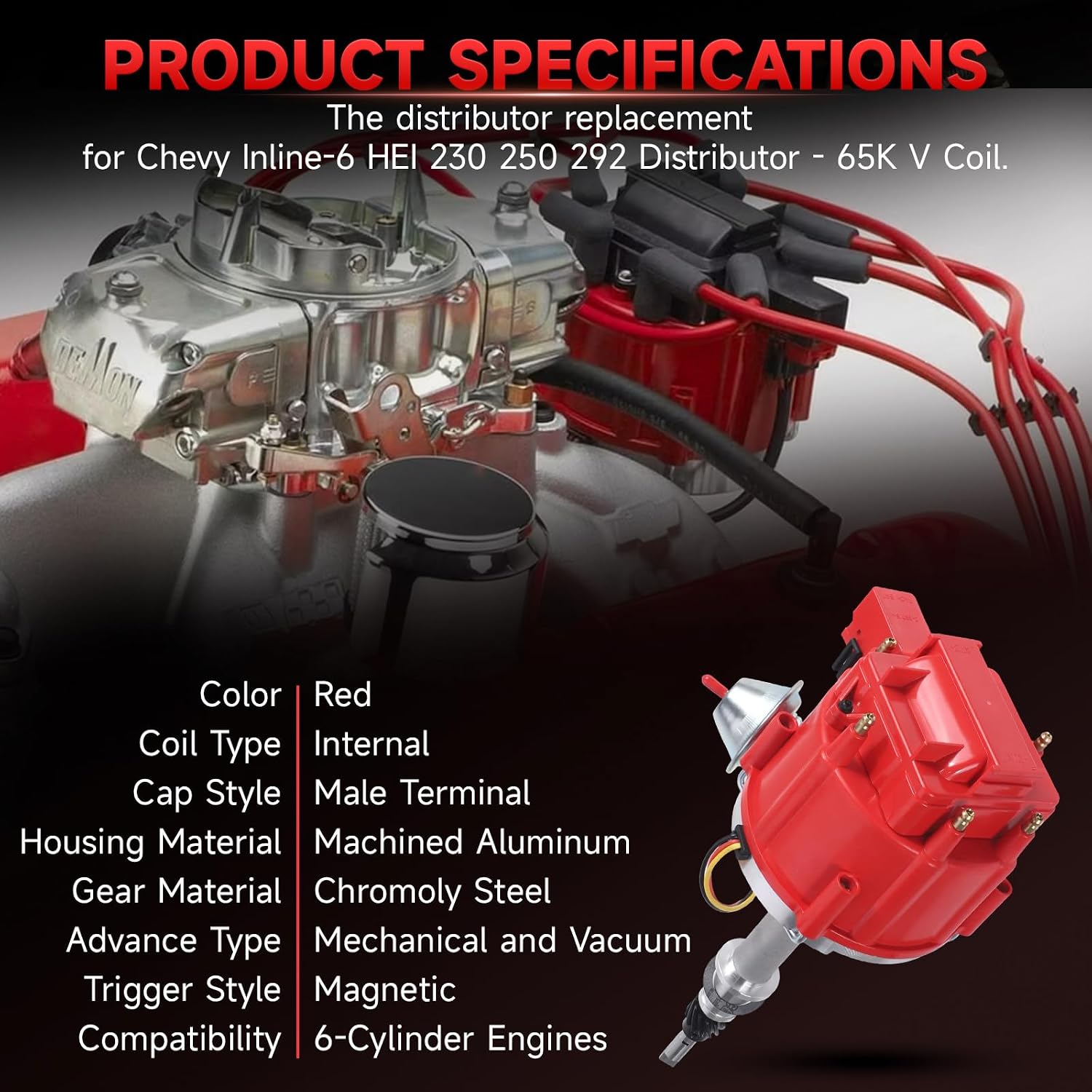 New Ignition Distributor 6522R Compatible with Chevy Inline 6 Cylinder 230 250 292 with Red Cap & One-Wire Install Replace 6522R, 88864760, 301697, 841697, DST1697, 6511R-664R-PT