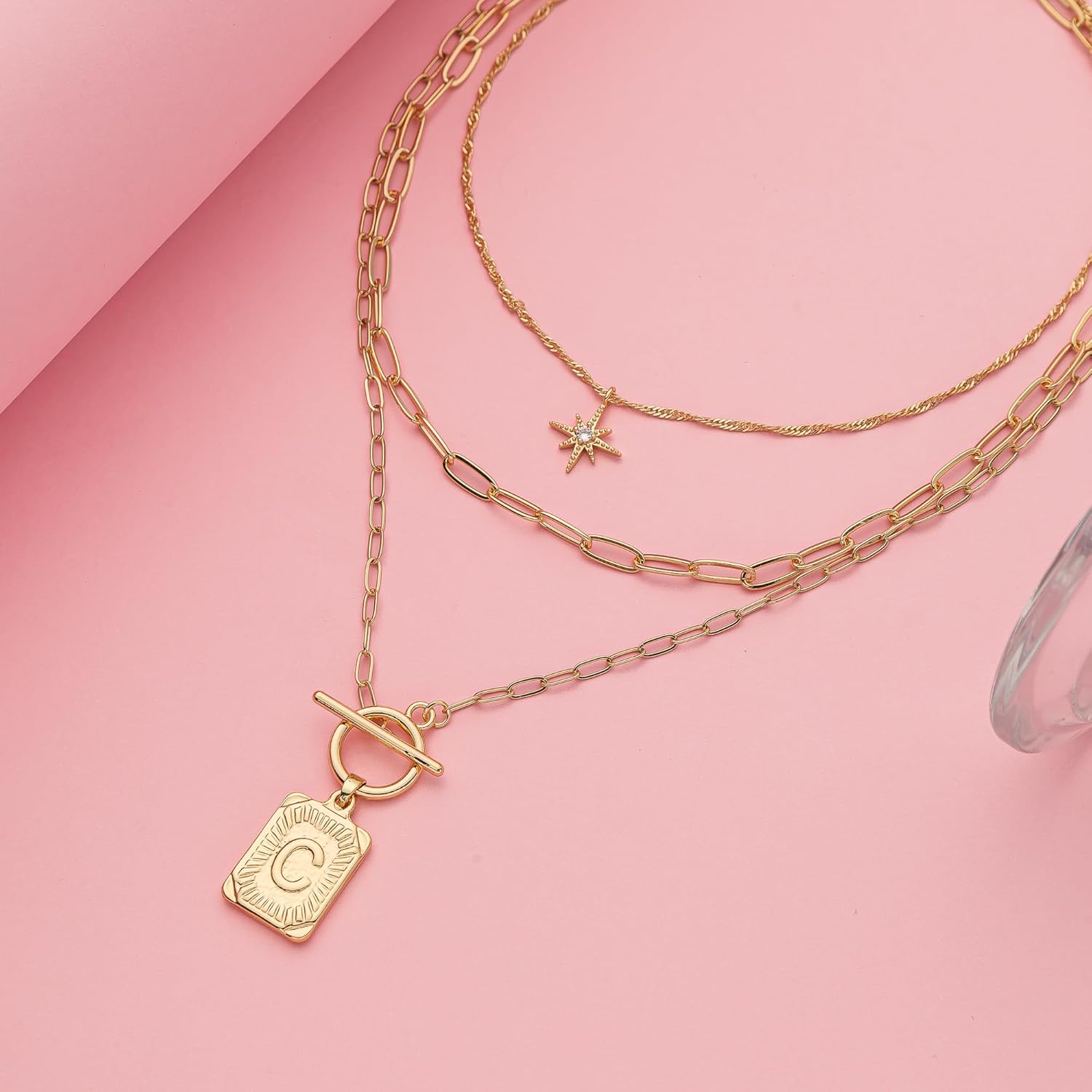 Dainty Gold 3-Layer Personalized Initial Necklace for Women - 18K Gold Layered Letter Pendant Necklace Adjustble Paperclip Chain Choker Necklace Jewelry Gifts with Star Charm - Image 5