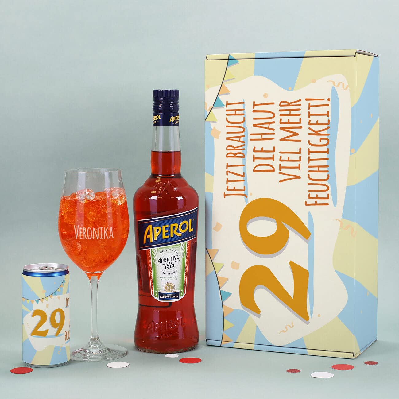 Herz & Heim® Frauen-Geschenkset 0,7l Aperol graviertes Glas Secco-Dose Geschenkbox