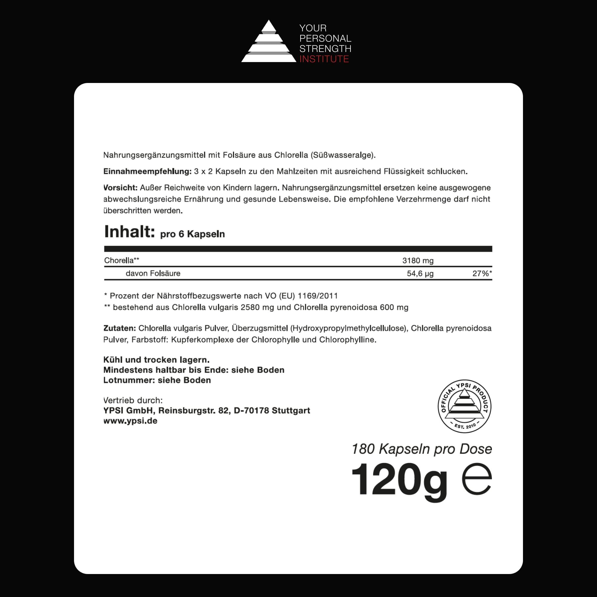 YPSI Chlorella Komplex - Mikro Algen Kapseln mit Folsäure Vegan - 180 Kapseln