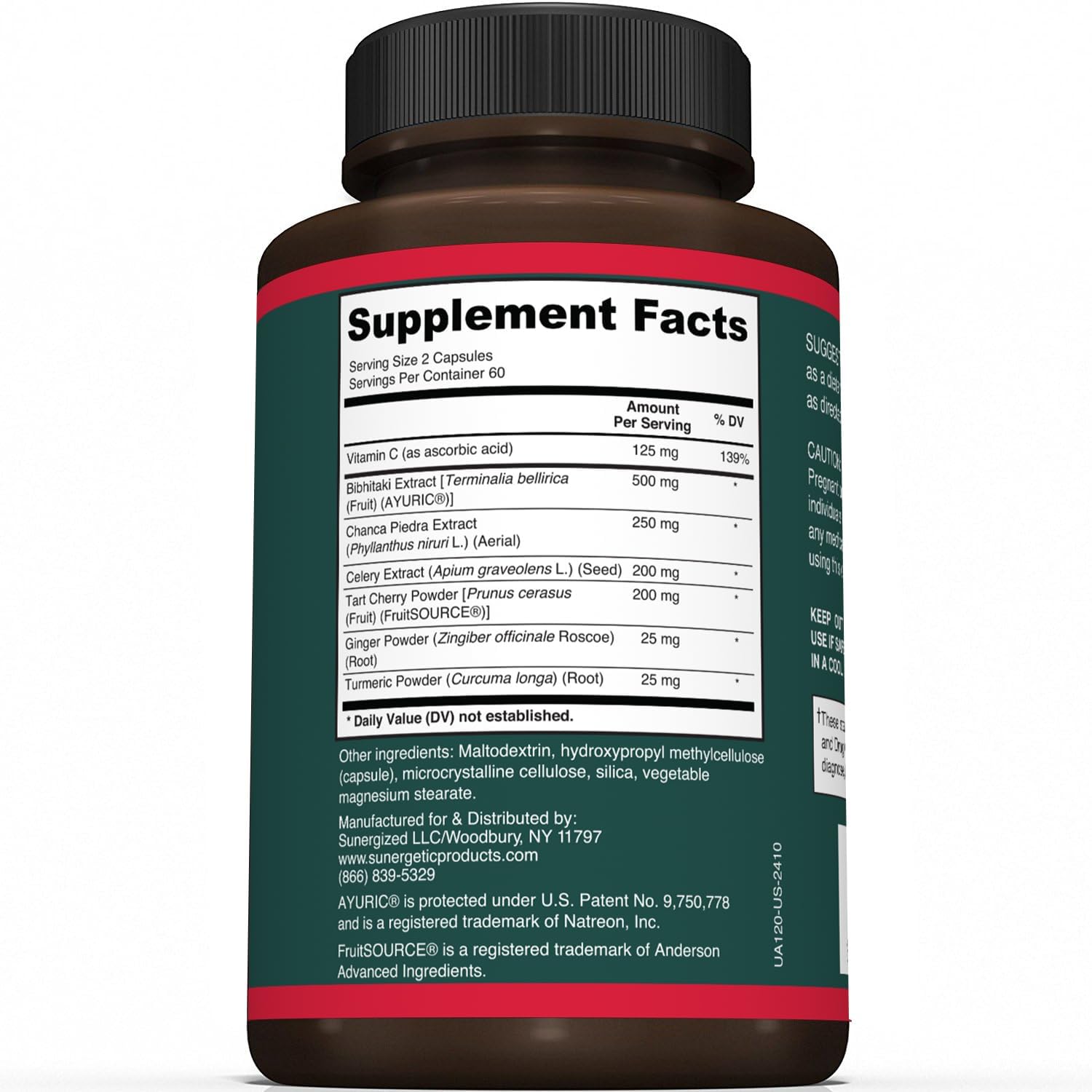 Sunergetic Premium Uric Acid Support Supplement – Uric Acid Cleanse & Kidney Support – Includes Tart Cherry, Chanca Piedra, Celery Extract & Turmeric - 120 Capsules