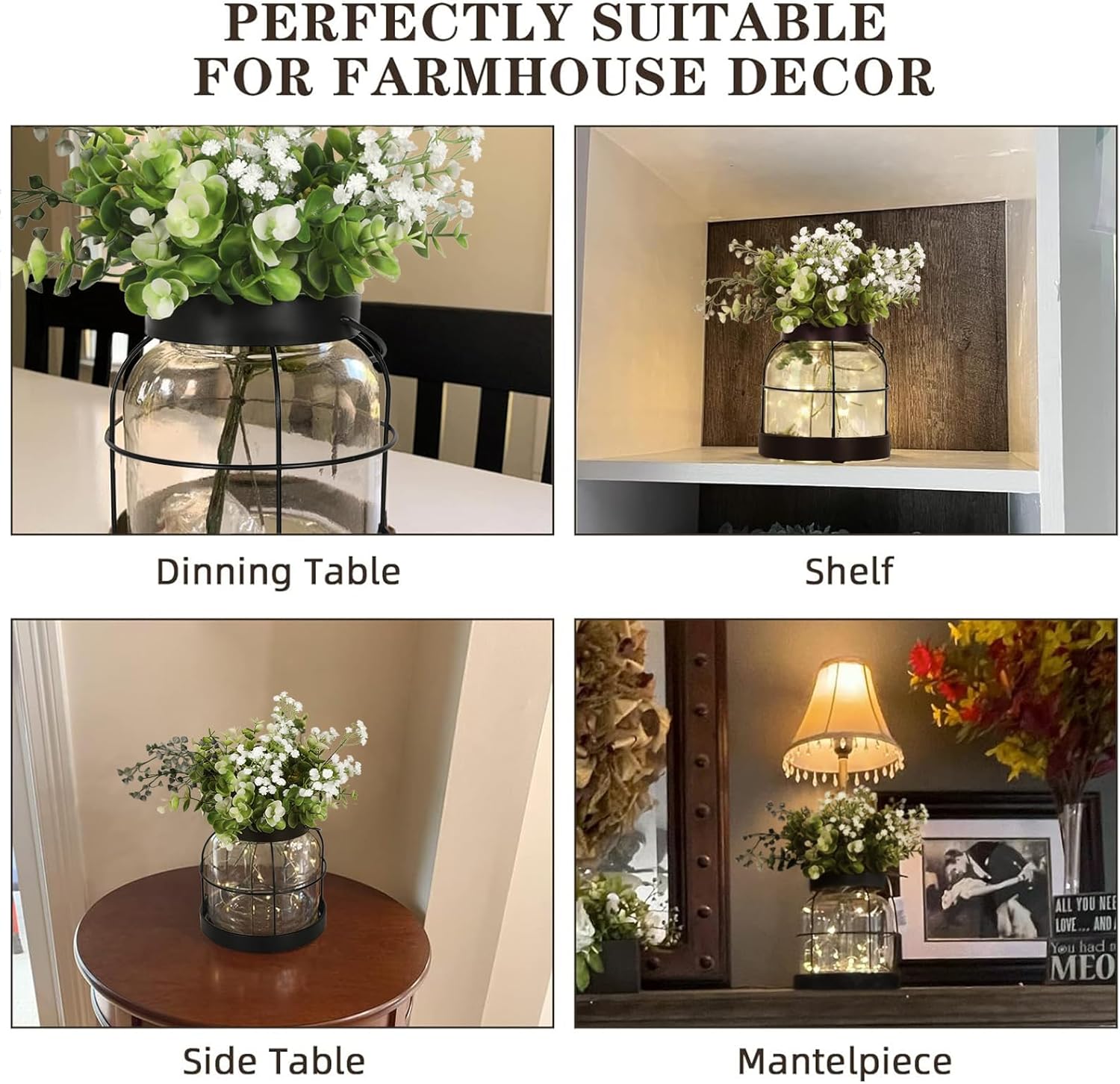 Farmhouse Lantern Vase Vintage Glass Flower Vases with Plants Babysbreath Lights Rustic Floral Arrangement Centerpieces Home Decor Hostess Housewarming Gift(Black) - Image 3
