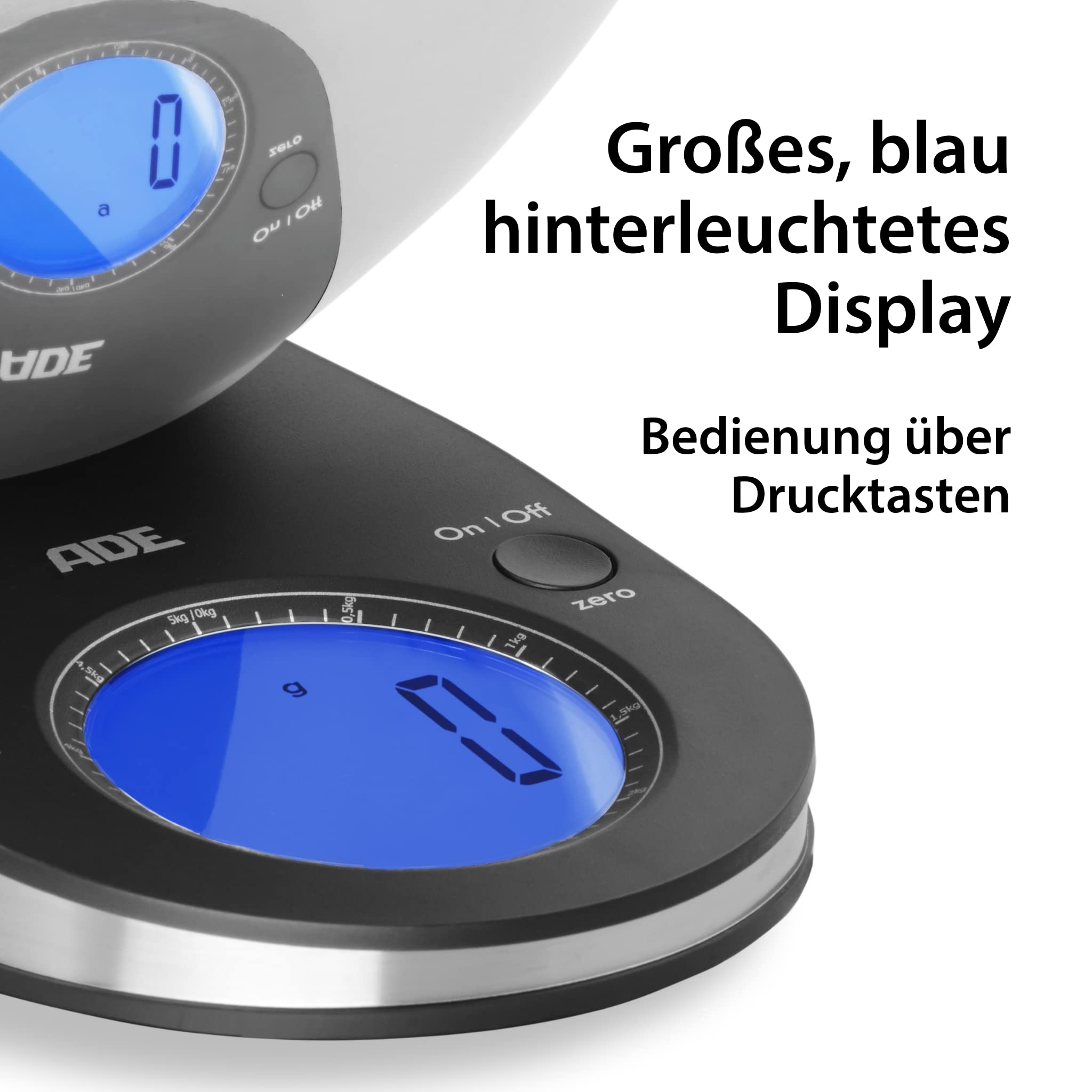 ADE Digitale Küchenwaage mit Schüssel aus Edelstahl | sehr präzise Grammwaage bis 5 kg | große Ziffern, gut ablesbar | hochwertige abnehmbare 2 l Schüssel