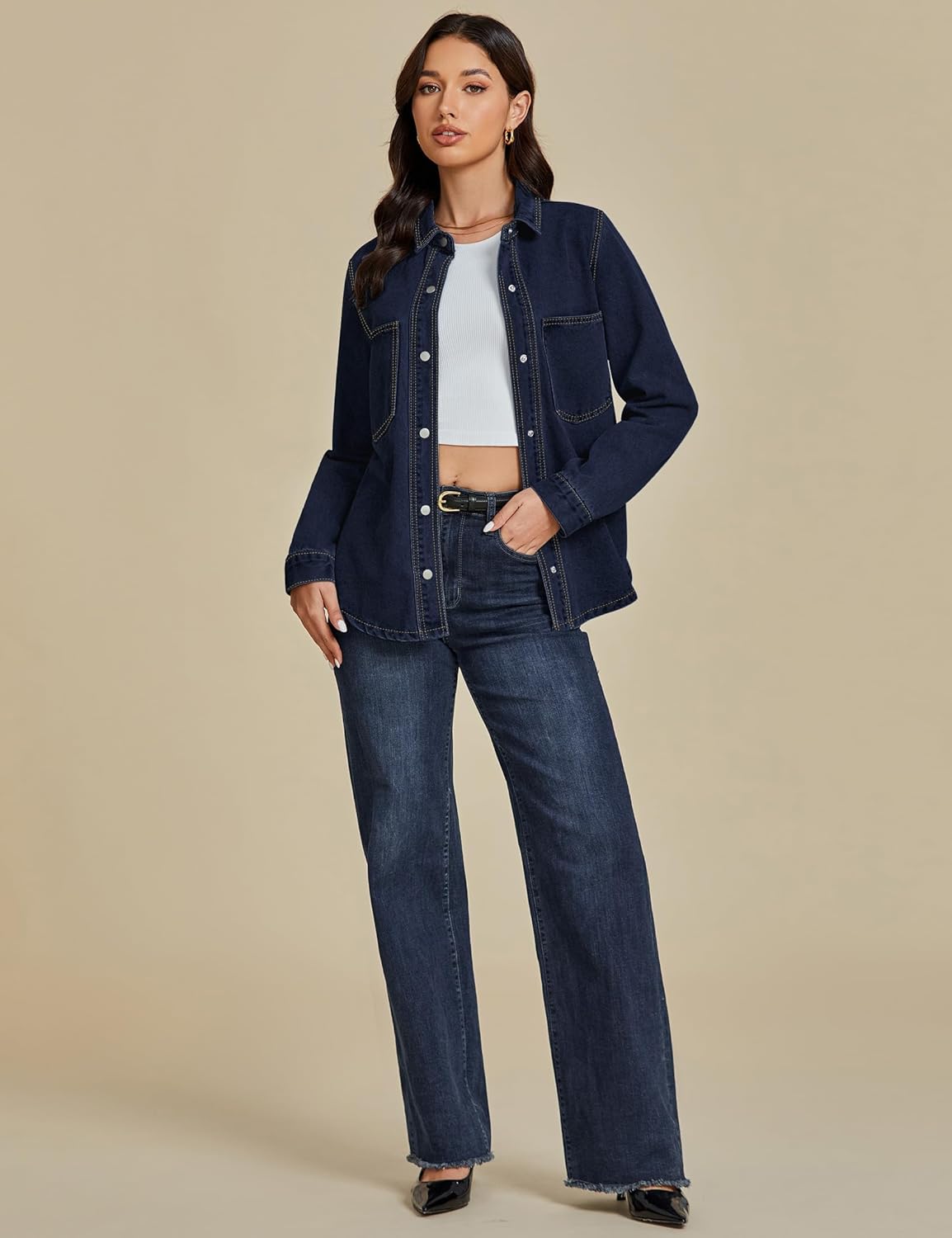 luvamia Denim Jackets for Women Trendy Long Sleeve Jean Jacket Casual Button Down Western Flat Pocket Shacket - Image 8