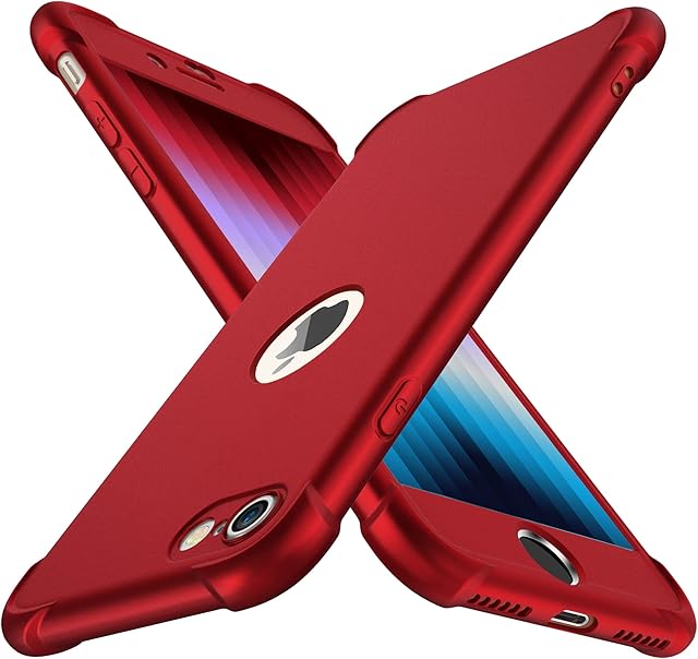ORETECH Designed for iPhone SE 2020 Case, iPhone SE 2022 case and [2 x Tempered Glass Screen Protector] 4 in 1 Shockproof Ultra Thin Anti Scratch Hard PC Silicone TPU Bumper Cover iPhone SE 3/2 - Red