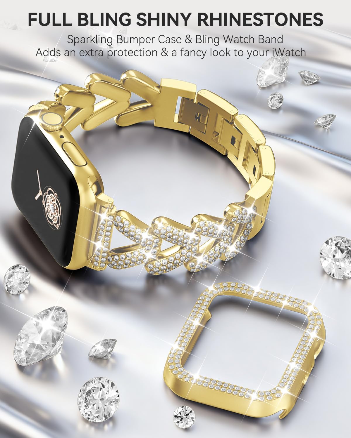 Rhinestones Encrusted Metal Bracelet and Case, Compatible with Apple Watch Bands 38mm-49mm (Series 11/1/SE/Ultra 2)- Bling Gold Women's Jewelry Strap, Luxury iWatch Bracelet with Screen Protector