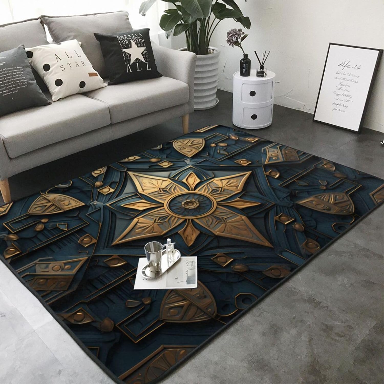 Elegant Metal Wreath Printed Floor mat 80x58 inches, Non-Slip Decorative Carpet for Bedroom and Living Room