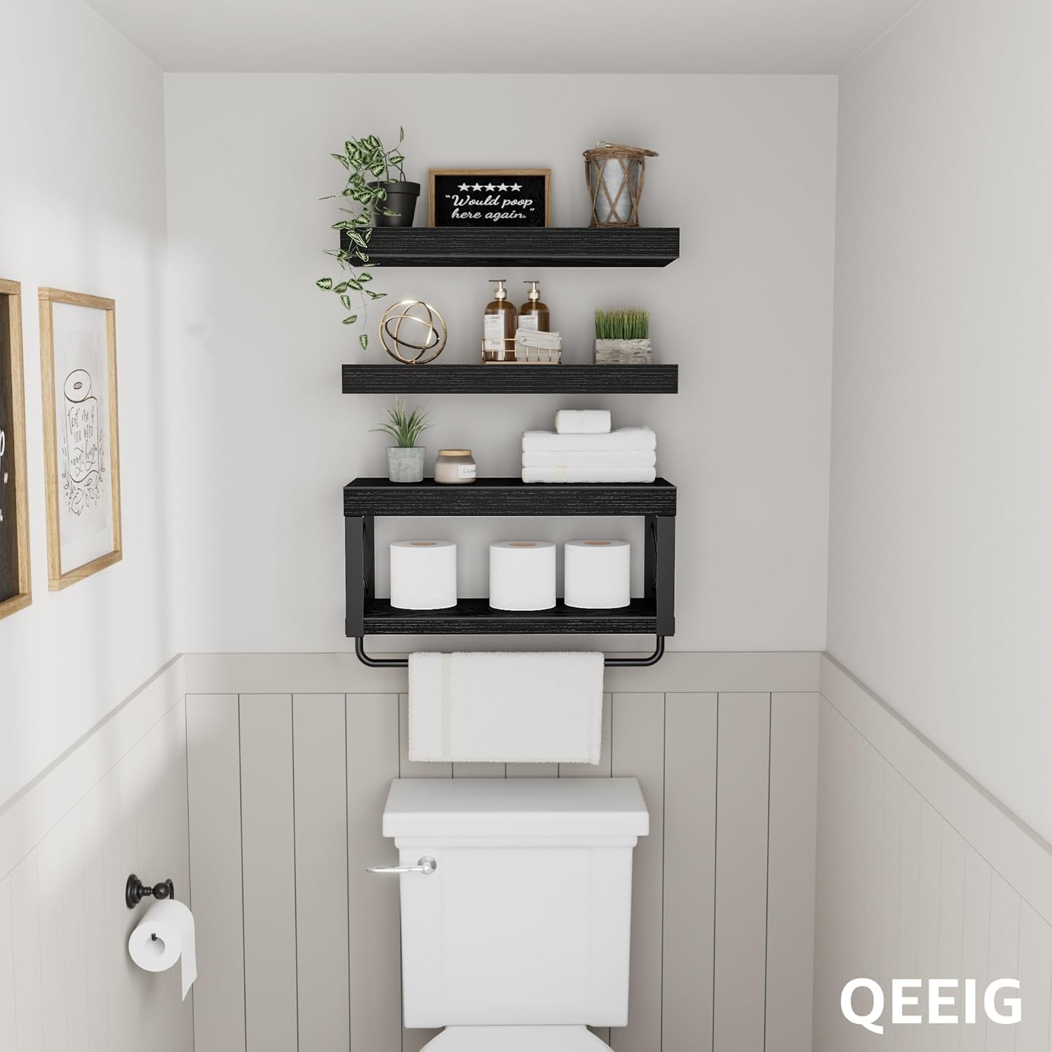 QEEIG Bathroom Shelves Over Toilet - Floating Shelf for Wall Toilet Paper Storage Farmhouse 16 inch Set of 3, Black (029-40B3)