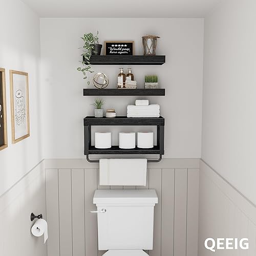 Miniatura 6 de QEEIG Estantes de baño sobre el inodoro, estante flotante para almacenamiento de papel higiénico de pared de 16 pulgadas, juego de 3, negro