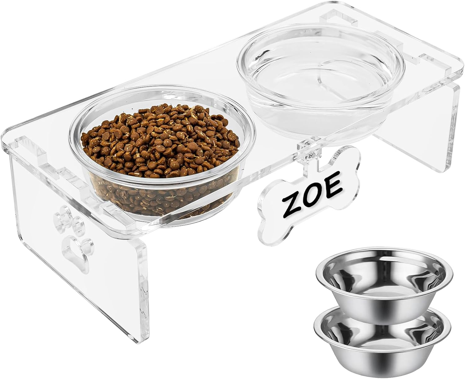 Clear Acrylic Elevated Dog Bowls with Writable Name Signs - 2×32oz Thick Glass & 2×Stainless Steel Bowls, 5.5" Height Raised Pet Feeder Stand, Food and Water Bowl Set for Medium Dogs