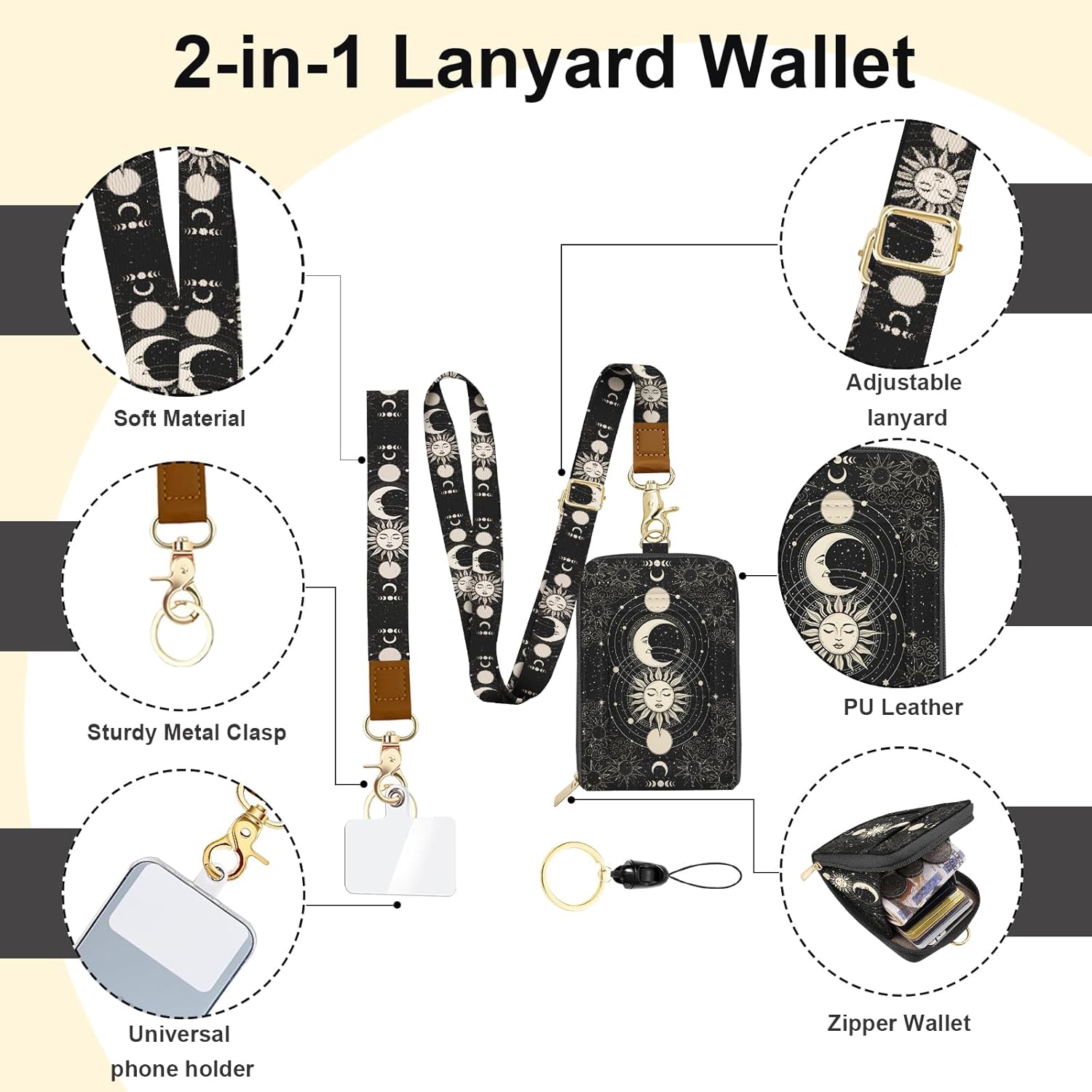 PU Leather Lanyard Wallet with ID Badge Holder with 1 Zip Pocket and 3 Card Slots Keychain Phone Lanyard Wrist Strap, RFID Blocking, for Office School Business-Sun and Moon - Image 3