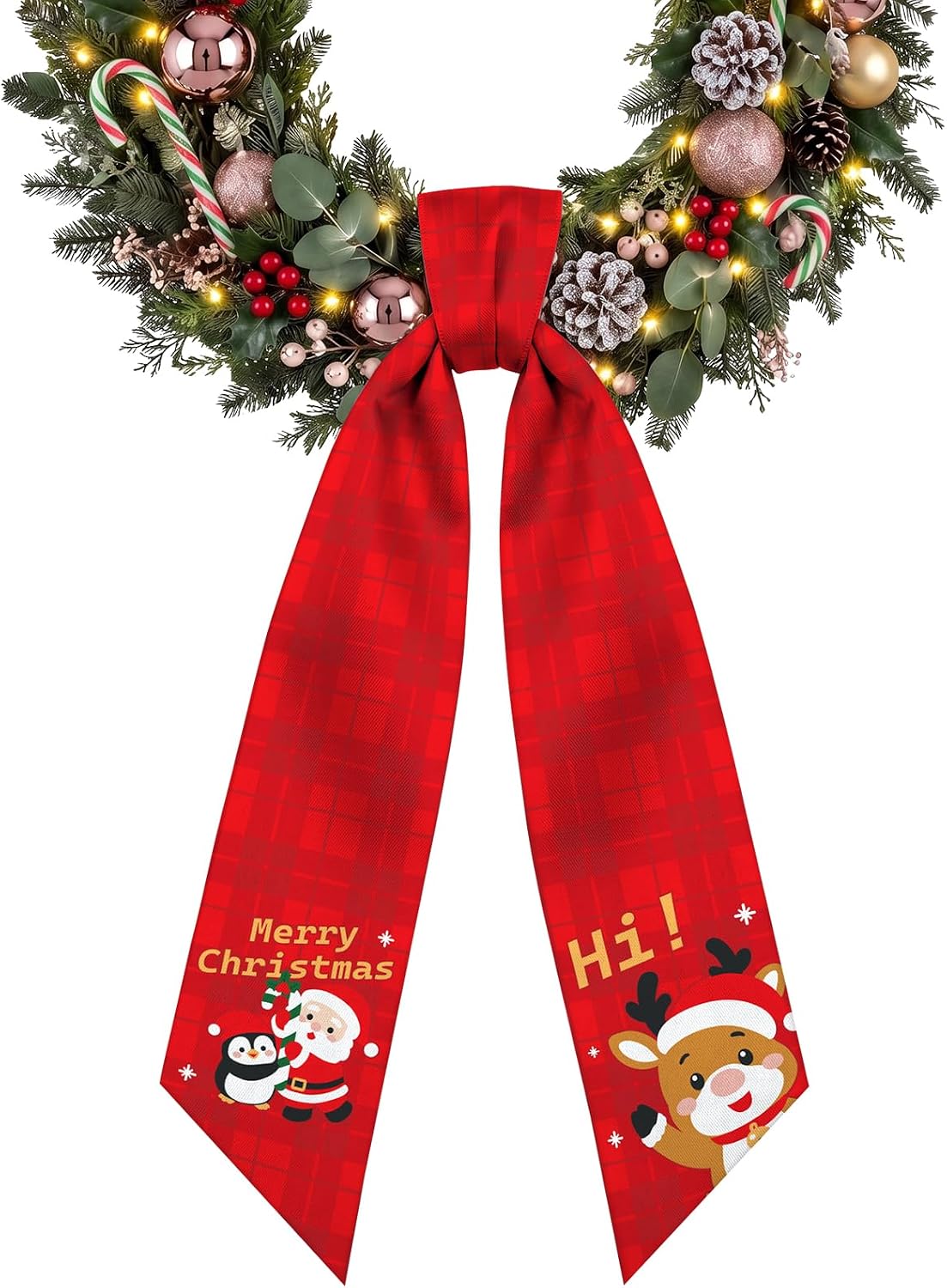 Purefun Christmas Wreath Sash for Front Door Wreath (Cute Reindeer Plaid)