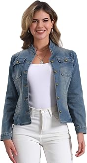 Allegra K Casual Denim Jacket for Women's Classic Stand Collar Long Sleeve Jean Jacket