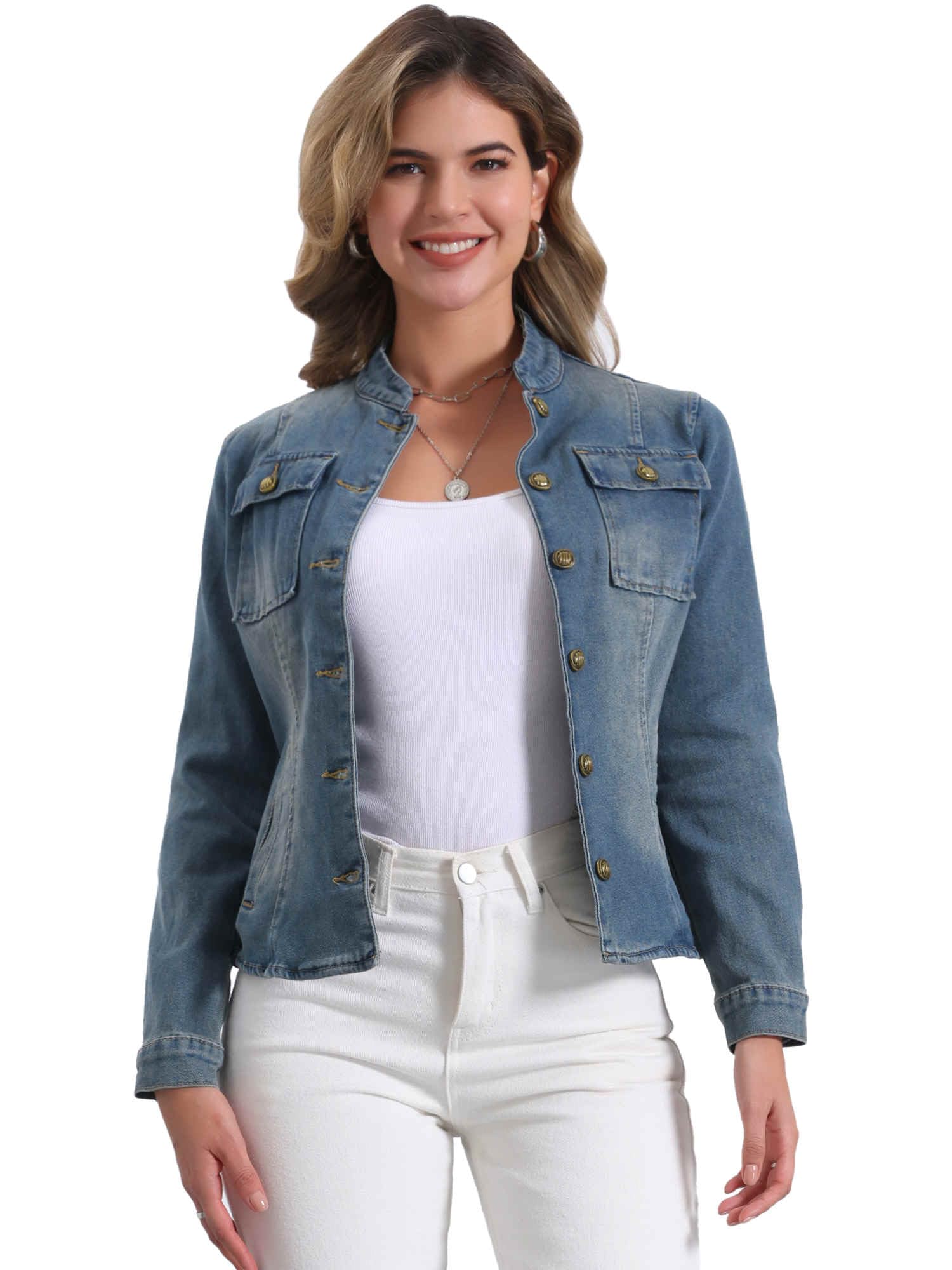 Allegra K Casual Denim Jacket for Women's Classic Stand Collar Long Sleeve Jean Jacket