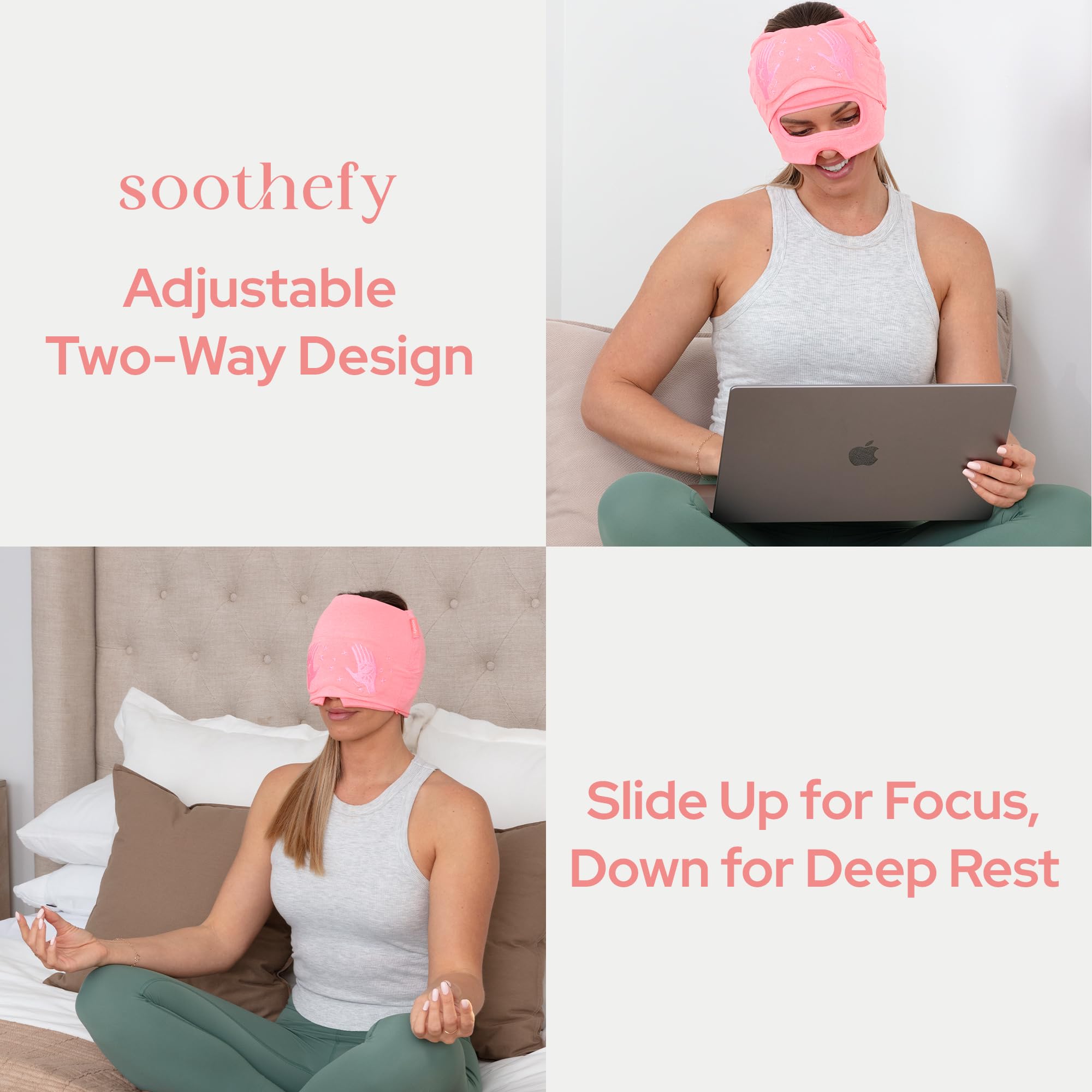 Gorro de alivio de migraña – Máscara de ojos deslizante integrada – Gorra de alivio natural de dolor de cabeza por tensión – Elegible por FSA HSA – Tapa de hielo de compresión de 360° para