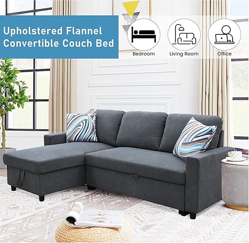 Miniatura 3 de Sofá cama modular de 83 pulgadas, sofá cama de tela de franela con diván de almacenamiento de cama extraíble, sofá pequeño en forma de L para sala