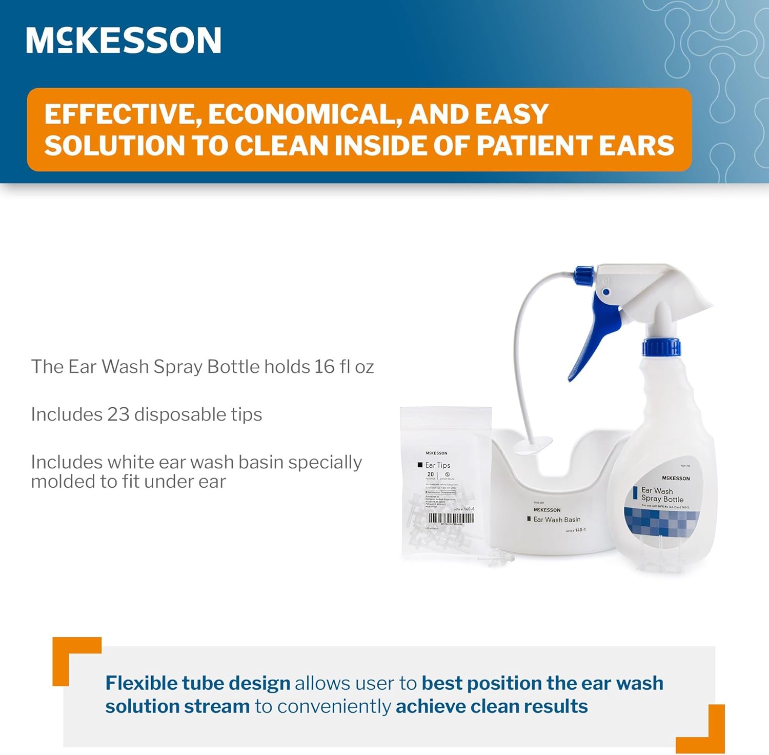McKesson Ear Wash System Kit - Includes Spray Bottle, Flexible Tube, Ear Wash Basin, and Ear Tips - Blue and White, 16 oz Bottle, 1 Count, 1 Pack
