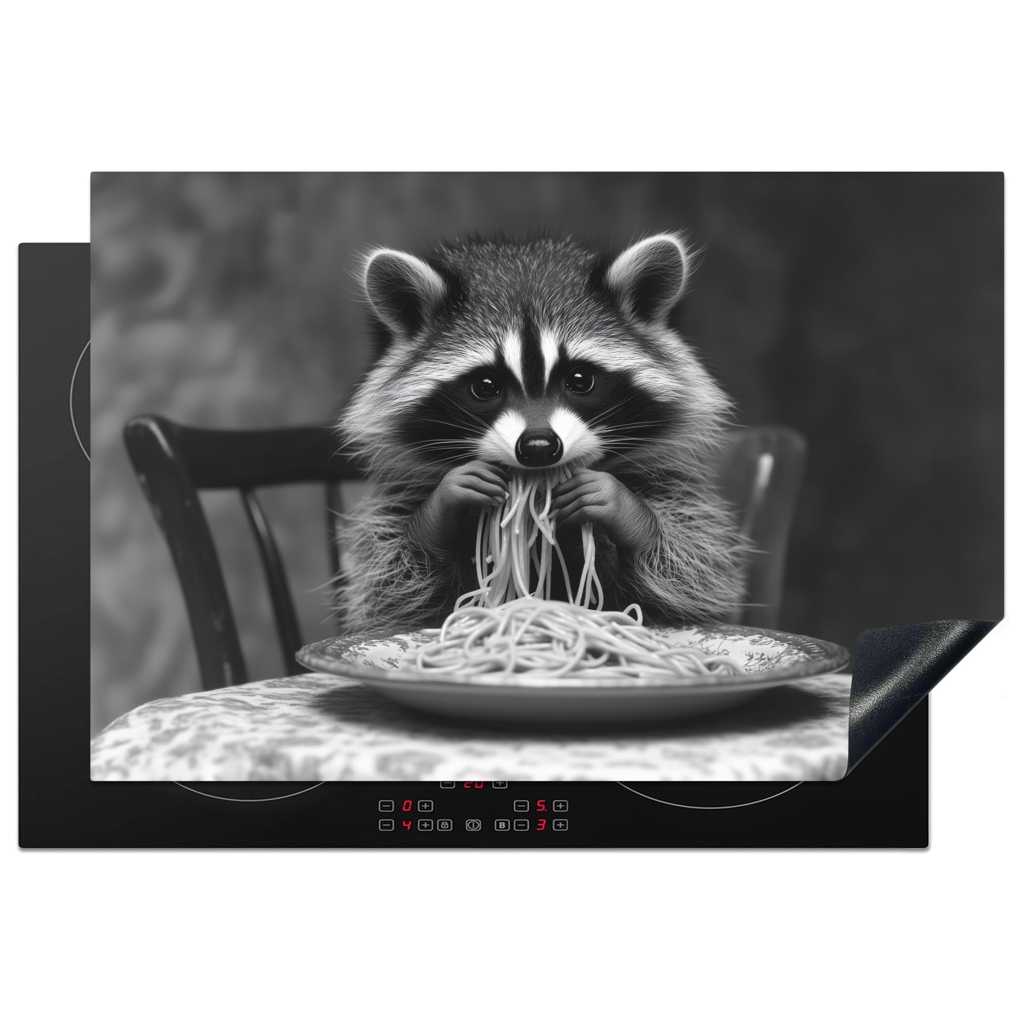 KitchenYeah© Herdabdeckplatte 77x51 cm Einteilig Abdeckplatten Cerankochfeld Abdeckung Ceranfeld Herdplattenabdeckung Induktionsmatte Waschbär - Niedlich - Pasta - Tischtuch - Schwarz - Weiß