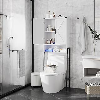 BonVache Over The Toilet Storage Cabinet with 2 Doors, Bathroom Organizers and Storage with Anti-Tip Device, Over Toilet Organizer with Shelves for Bathroom,Restroom,Laundry, White