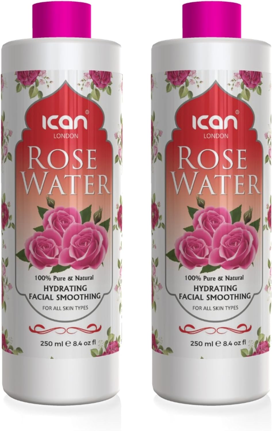 Ican London 100% Pure Natural Rose Water for Facial Hydrating, Smoothing, 2 x 250ml