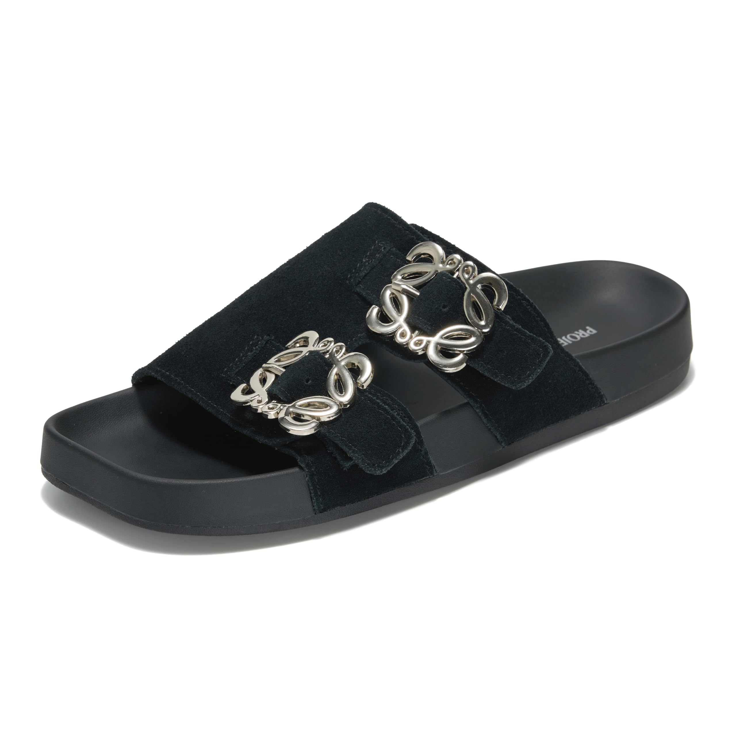 Project Cloud 100% Genuine Leather Dressy Flat Sandals for Women (Velora) | Plush Soft Insole Lightweight Womens Slides - Non-Slip Outsole Comfortable Dress Sandals Women - Cushioned Footbed Sandals 7 Black Suede